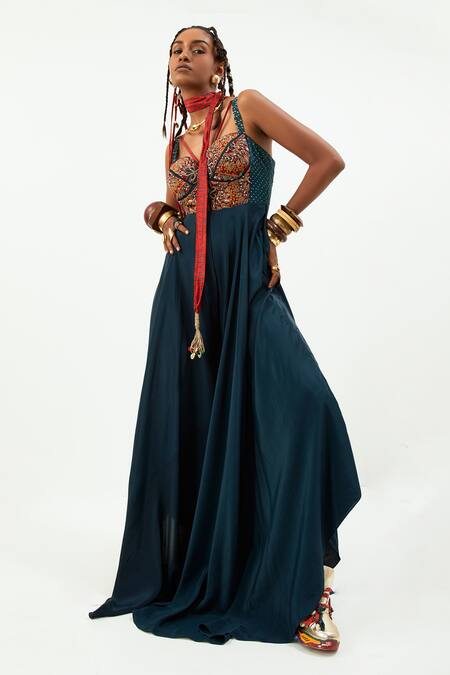 Aseem Kapoor Blue Crepe Embroidery Sweetheart Neck Ruhani Zari And Marodi Jumpsuit