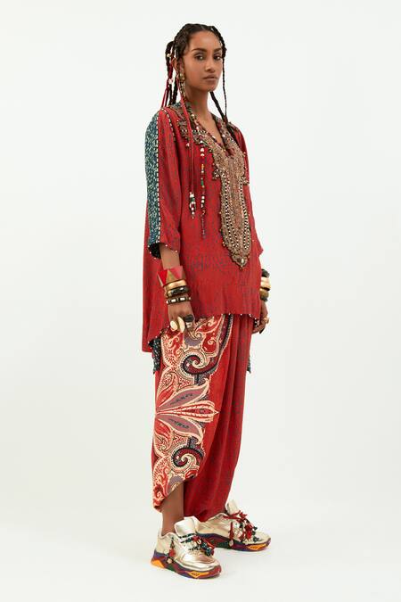 Aseem Kapoor Red Crepe, Cotton Beads, Tassels V-neck Embroidered Kurta And Draped Trouser Set Online at Aza Fashions Aseem Kapoor_Red Crepe, Cotton Beads, Tassels V-neck Embroidered Kurta And Draped Trouser Set _Online_at_Aza_Fashions