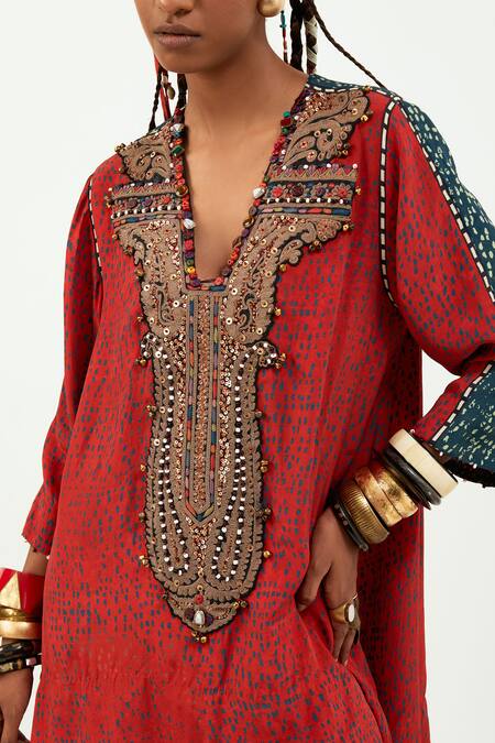 Buy Aseem Kapoor Red Crepe, Cotton Beads, Tassels V-neck Embroidered Kurta And Draped Trouser Set Online at Aza Fashions Buy_Aseem Kapoor_Red Crepe, Cotton Beads, Tassels V-neck Embroidered Kurta And Draped Trouser Set _Online_at_Aza_Fashions