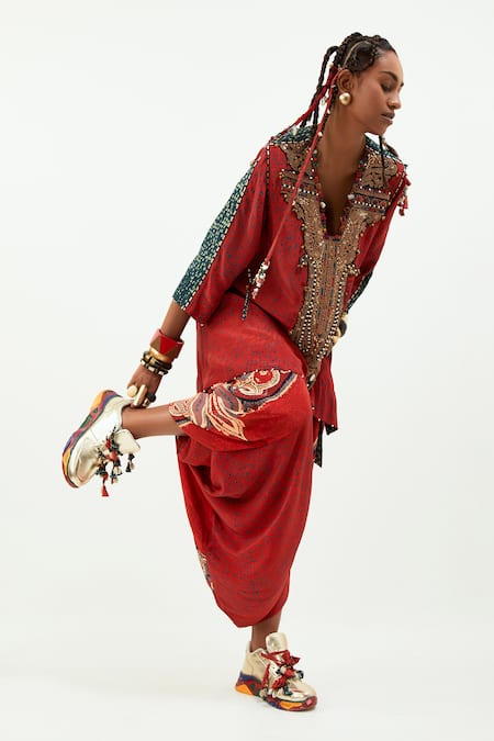 Shop Aseem Kapoor Red Crepe, Cotton Beads, Tassels V-neck Embroidered Kurta And Draped Trouser Set Online at Aza Fashions Shop_Aseem Kapoor_Red Crepe, Cotton Beads, Tassels V-neck Embroidered Kurta And Draped Trouser Set _Online_at_Aza_Fashions