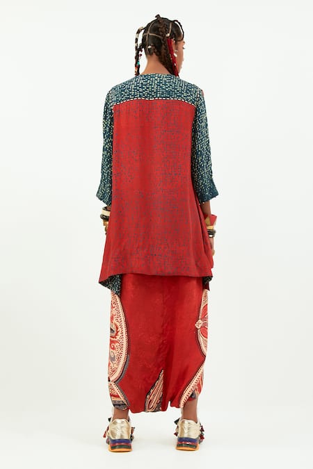 Shop Aseem Kapoor Red Crepe, Cotton Beads, Tassels V-neck Embroidered Kurta And Draped Trouser Set at Aza Fashions Shop_Aseem Kapoor_Red Crepe, Cotton Beads, Tassels V-neck Embroidered Kurta And Draped Trouser Set _at_Aza_Fashions