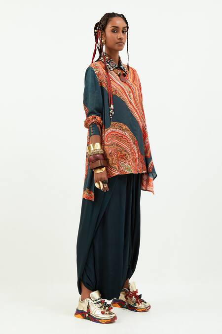 Aseem Kapoor_Blue Crepe Embroidery Collared Atri Paisley Print Shirt_Online_at_Aza_Fashions