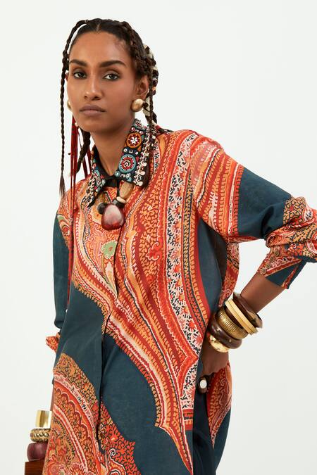 Buy_Aseem Kapoor_Blue Crepe Embroidery Collared Atri Paisley Print Shirt_Online_at_Aza_Fashions