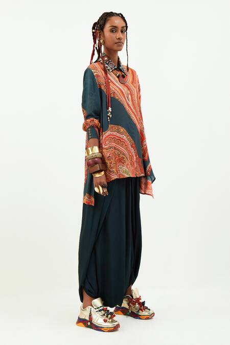 Aseem Kapoor Blue Crepe Embroidery Shawl Neck Teal Paisley Print Shirt And Draped Trouser Online at Aza Fashions Aseem Kapoor_Blue Crepe Embroidery Shawl Neck Teal Paisley Print Shirt And Draped Trouser_Online_at_Aza_Fashions