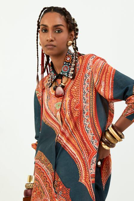 Buy Aseem Kapoor Blue Crepe Embroidery Shawl Neck Teal Paisley Print Shirt And Draped Trouser Online at Aza Fashions Buy_Aseem Kapoor_Blue Crepe Embroidery Shawl Neck Teal Paisley Print Shirt And Draped Trouser_Online_at_Aza_Fashions