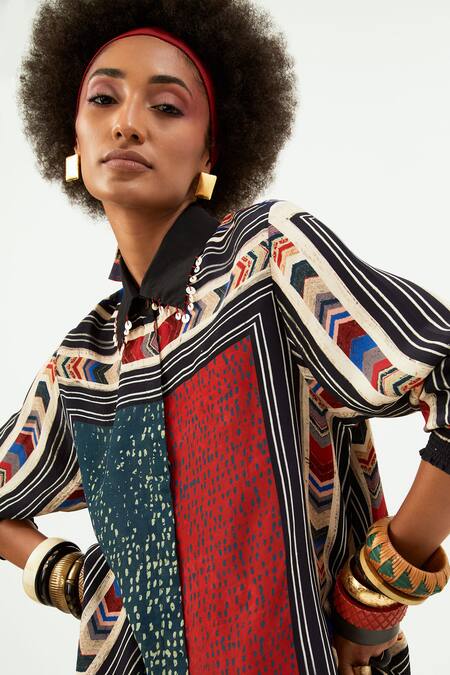 Aseem Kapoor_Multi Color Crepe Sequins Collared Atri Chevron Print Shirt_Online_at_Aza_Fashions
