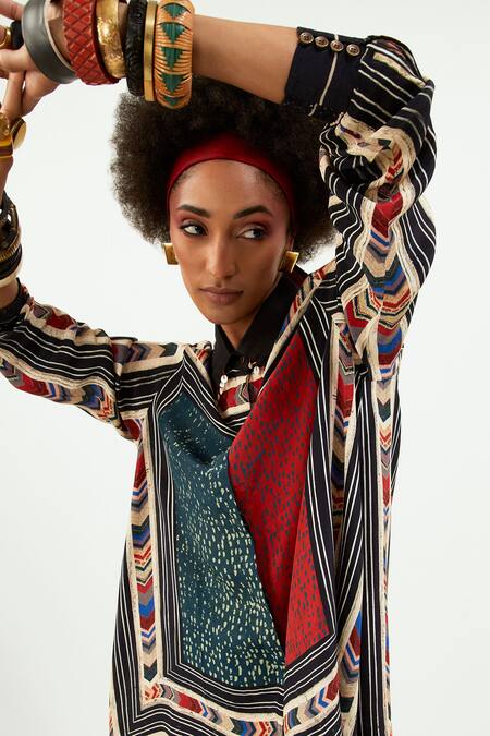 Buy_Aseem Kapoor_Multi Color Crepe Sequins Collared Atri Chevron Print Shirt_Online_at_Aza_Fashions