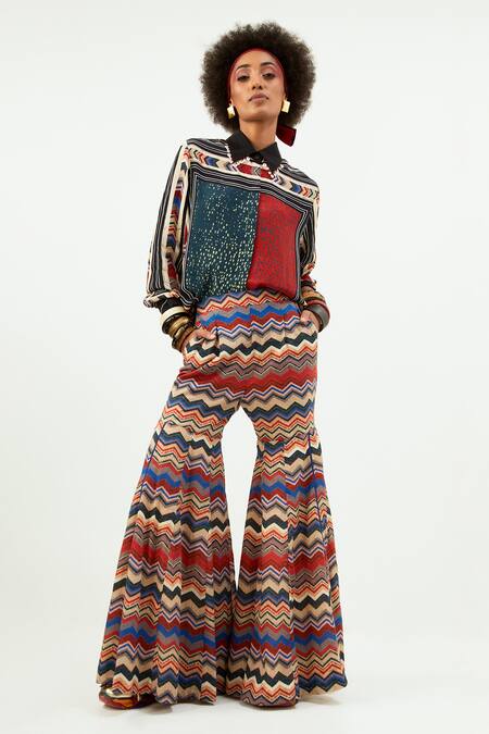 Shop_Aseem Kapoor_Multi Color Crepe Sequins Collared Atri Chevron Print Shirt_Online_at_Aza_Fashions