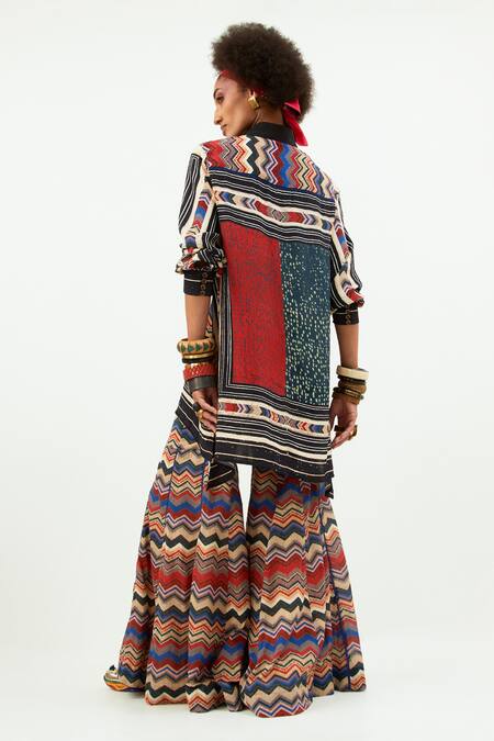 Shop_Aseem Kapoor_Multi Color Crepe Sequins Collared Atri Chevron Print Shirt_at_Aza_Fashions