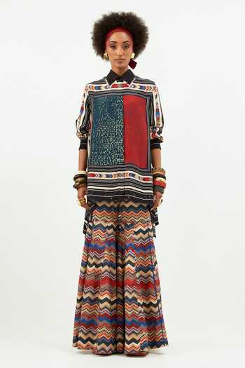 Aseem Kapoor_Multi Color Crepe Sequins Collared Atri Chevron Print Shirt With Sharara_Online_at_Aza_Fashions
