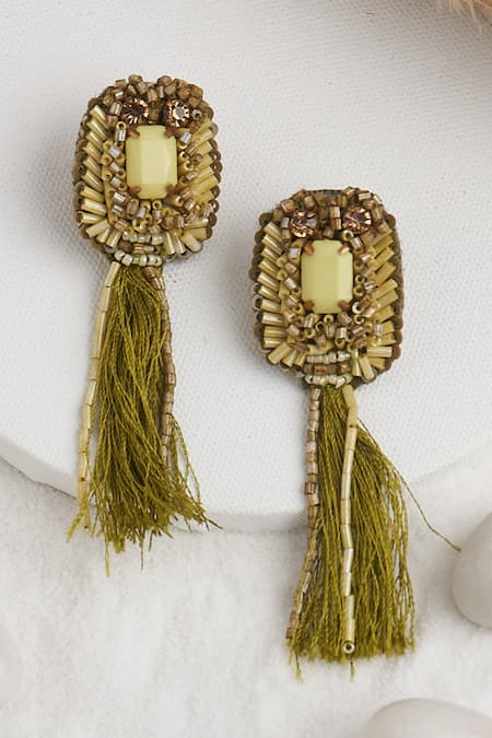Shop Torque By Merge Multi Color Tassels, Stones Embellished Earrings at Aza Fashions Shop_Torque By Merge_Multi Color Tassels, Stones Embellished Earrings _at_Aza_Fashions