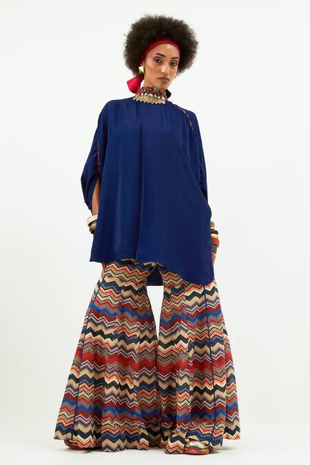 Aseem Kapoor_Blue Crepe, Cotton Beads Bandeau Neck Embellished Sapphire Kaftan And Sharara Set _Online_at_Aza_Fashions