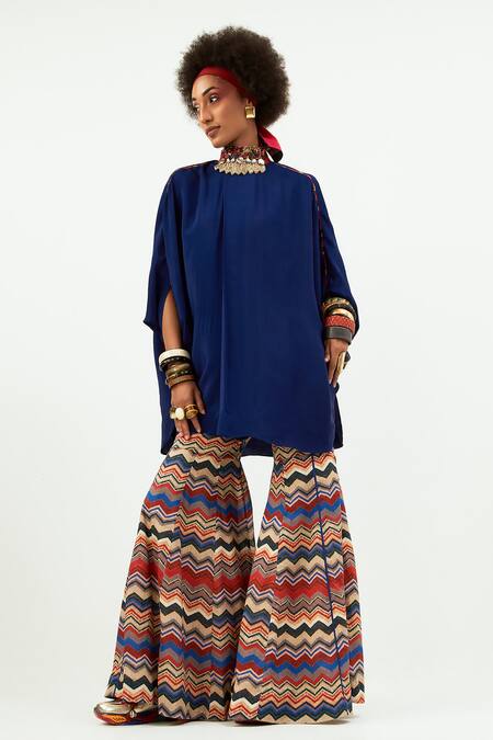 Shop_Aseem Kapoor_Blue Crepe, Cotton Beads Bandeau Neck Embellished Sapphire Kaftan And Sharara Set _Online_at_Aza_Fashions