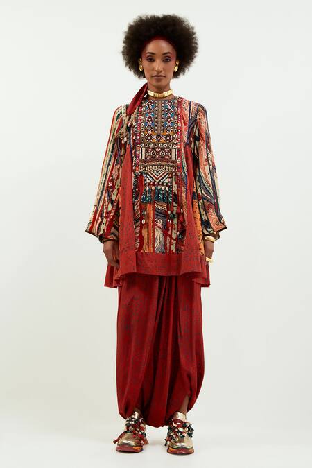 Aseem Kapoor_Multi Color Cotton, Silk, Crepe Afghan Printed Tunic And Draped Trouser Set_Online_at_Aza_Fashions