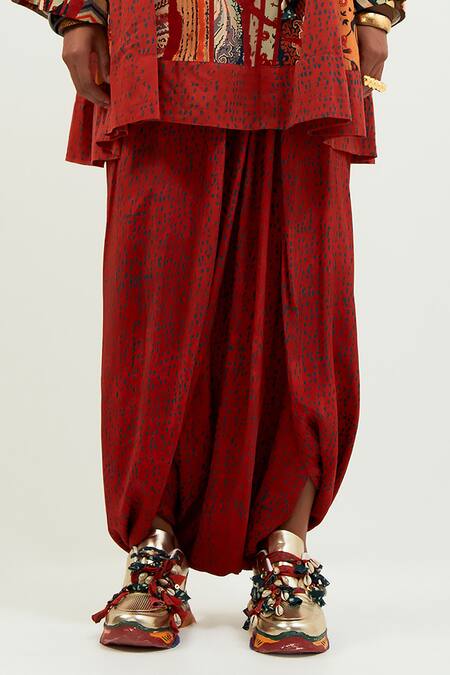 Buy_Aseem Kapoor_Multi Color Cotton, Silk, Crepe Afghan Printed Tunic And Draped Trouser Set_Online_at_Aza_Fashions