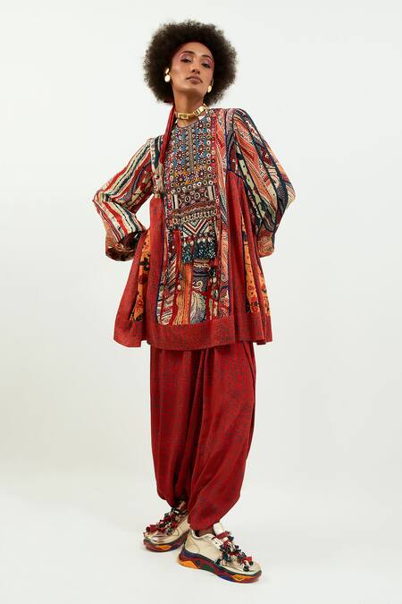 Shop_Aseem Kapoor_Multi Color Cotton, Silk, Crepe Afghan Printed Tunic And Draped Trouser Set_Online_at_Aza_Fashions