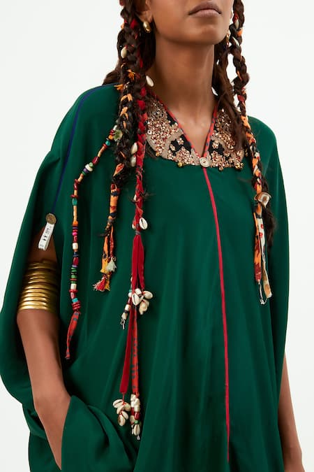 Aseem Kapoor_Green Crepe Beads V-neck Fizaa Embroidered Tunic _Online_at_Aza_Fashions