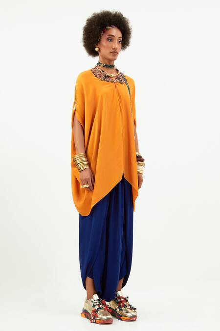 Buy Aseem Kapoor Yellow Crepe Sequins, Beads V-neck Fizaa Kaftan Tunic With Contrast Trouser Online at Aza Fashions Buy_Aseem Kapoor_Yellow Crepe Sequins, Beads V-neck Fizaa Kaftan Tunic With Contrast Trouser_Online_at_Aza_Fashions
