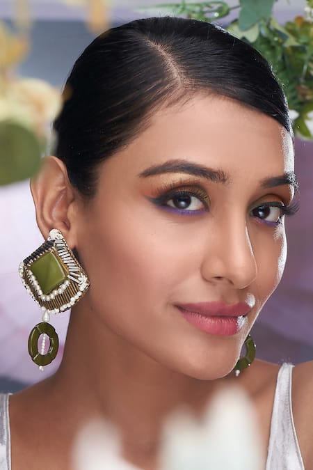 Torque By Merge Green Piping, Stones Pipe Embellished Earrings 