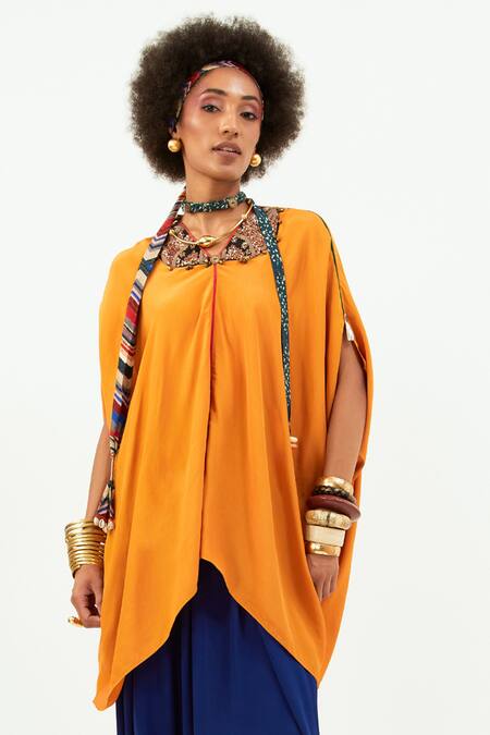 Shop Aseem Kapoor Yellow Crepe Sequins, Beads V-neck Fizaa Kaftan Tunic With Contrast Trouser Online at Aza Fashions Shop_Aseem Kapoor_Yellow Crepe Sequins, Beads V-neck Fizaa Kaftan Tunic With Contrast Trouser_Online_at_Aza_Fashions