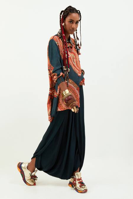 Shop Aseem Kapoor Blue Crepe Embroidery Shawl Neck Teal Paisley Print Shirt And Draped Trouser Online at Aza Fashions Shop_Aseem Kapoor_Blue Crepe Embroidery Shawl Neck Teal Paisley Print Shirt And Draped Trouser_Online_at_Aza_Fashions