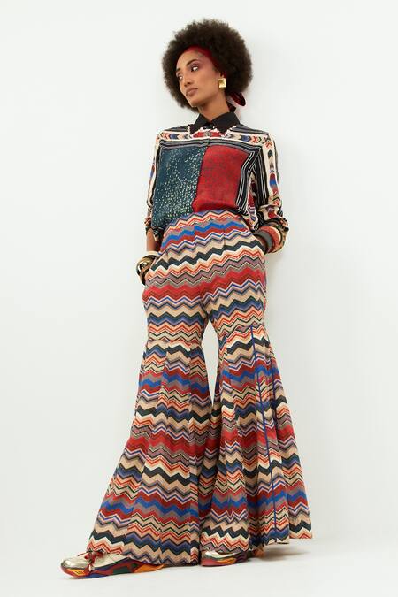 Aseem Kapoor_Multi Color Crepe Sequins Collared Atri Chevron Print Shirt_at_Aza_Fashions