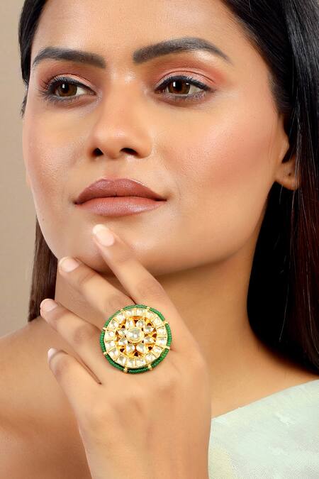 Tizora White Beads, Diamonds Pachi Kundan Ring 