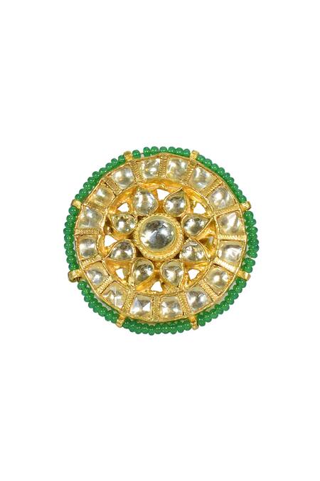 Shop_Tizora_White Beads, Diamonds Pachi Kundan Ring _at_Aza_Fashions