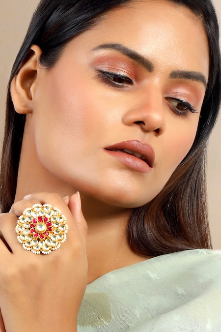 Tizora White Diamonds, Pearls Classic Ethnic Pachi Kundan Ring 