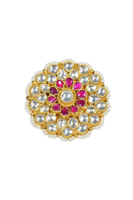 Shop Tizora White Diamonds, Pearls Classic Ethnic Pachi Kundan Ring at Aza Fashions Shop_Tizora_White Diamonds, Pearls Classic Ethnic Pachi Kundan Ring _at_Aza_Fashions