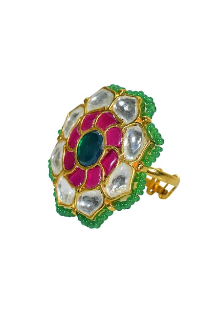 Shop_Tizora_White Pearls, Beads Pachi Kundan Ring _at_Aza_Fashions