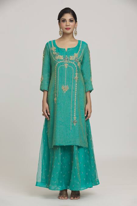 Buy_Sozenkari_Sky Blue Silk, Organza Pearls, Beads Split V-neck Embroidered Kurta Lehenga Set _Online_at_Aza_Fashions