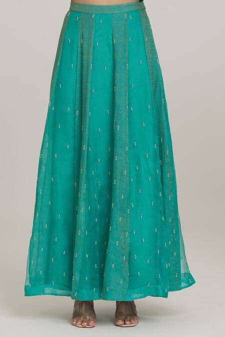 Shop_Sozenkari_Sky Blue Silk, Organza Pearls, Beads Split V-neck Embroidered Kurta Lehenga Set _Online_at_Aza_Fashions