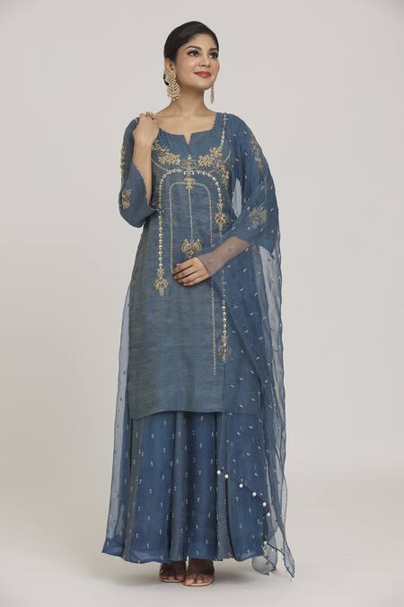 Buy_Sozenkari_Blue Silk, Organza, Chanderi Pearls, Sequins, Embroidered Kurta Lehenga Set _Online_at_Aza_Fashions
