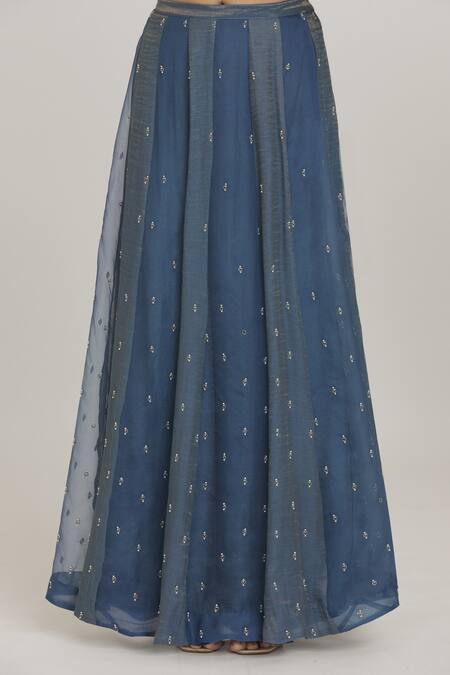 Shop_Sozenkari_Blue Silk, Organza, Chanderi Pearls, Sequins, Embroidered Kurta Lehenga Set _Online_at_Aza_Fashions