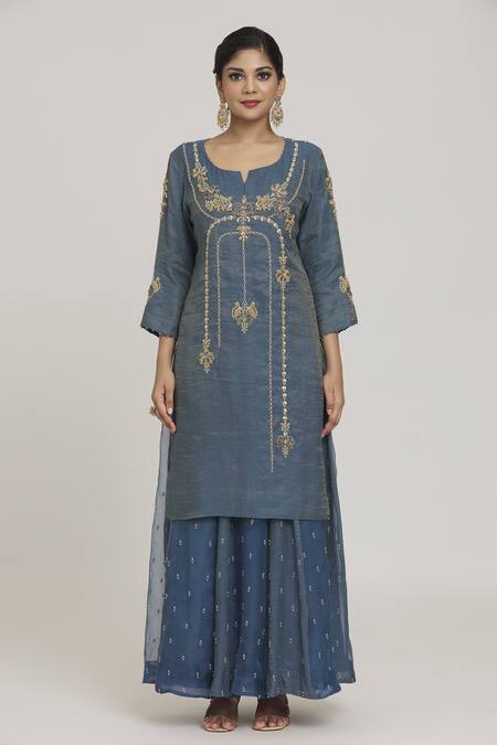 Sozenkari_Blue Silk, Organza, Chanderi Pearls, Sequins, Embroidered Kurta Lehenga Set _at_Aza_Fashions