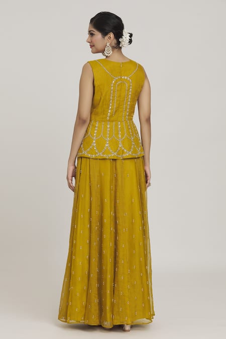 Sozenkari Silk Chanderi Floral Embroidered Peplum Blouse Lehenga Set 