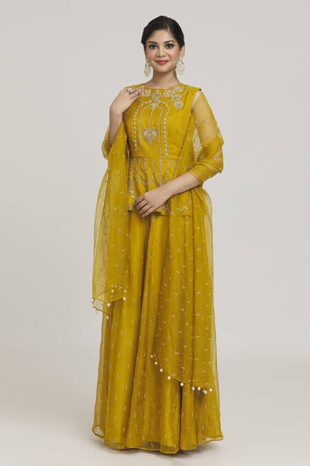 Shop_Sozenkari_Green Silk, Chanderi Pearls, Beads Floral Embroidered Peplum Blouse Lehenga Set _Online_at_Aza_Fashions