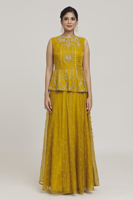 Sozenkari_Green Silk, Chanderi Pearls, Beads Floral Embroidered Peplum Blouse Lehenga Set _at_Aza_Fashions