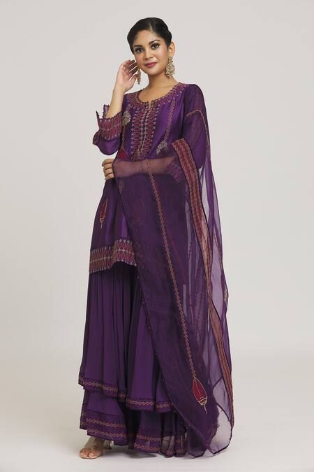 Buy_Sozenkari_Purple Silk, Satin, Chiffon Embroidery, Gota Patti, Beads, Kurta Sharara Set _Online_at_Aza_Fashions