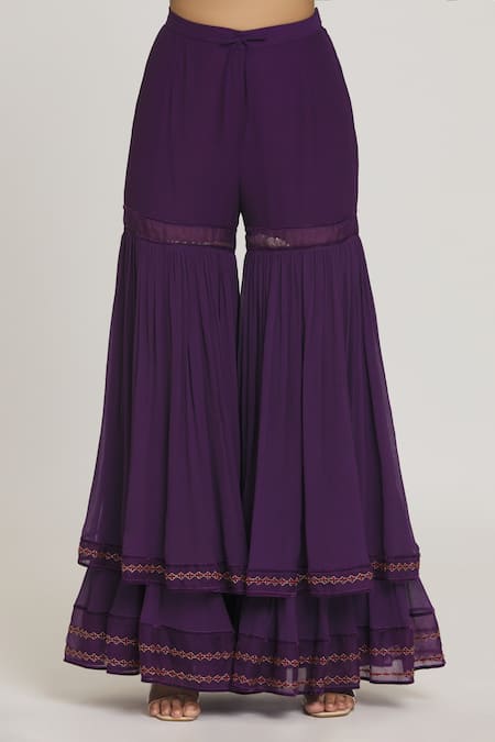 Shop_Sozenkari_Purple Silk, Satin, Chiffon Embroidery, Gota Patti, Beads, Kurta Sharara Set _Online_at_Aza_Fashions