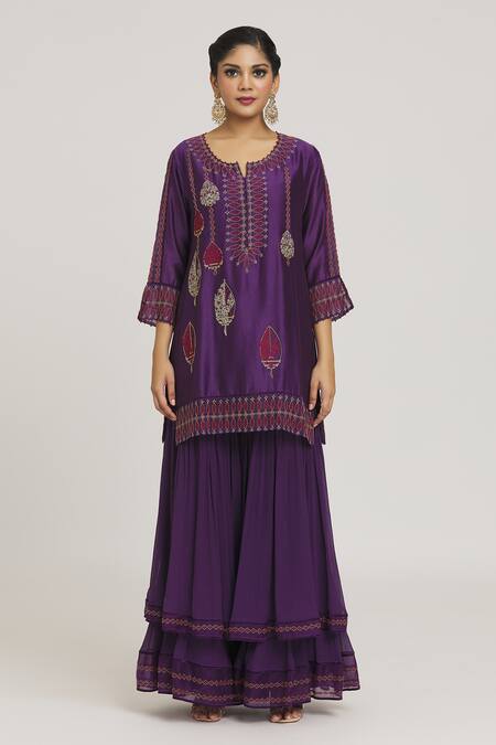Sozenkari_Purple Silk, Satin, Chiffon Embroidery, Gota Patti, Beads, Kurta Sharara Set _at_Aza_Fashions
