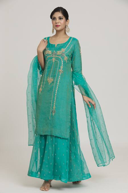 Sozenkari_Sky Blue Silk, Organza Pearls, Beads Split V-neck Embroidered Kurta Lehenga Set _at_Aza_Fashions