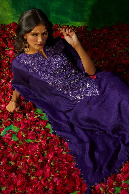 Shop Pink City By Sarika Purple Silk Sequins, Tassels Keyhole Neck Embroidered Kaftan And Dhoti Pant Set Online at Aza Fashions Shop_Pink City By Sarika_Purple Silk Sequins, Tassels Keyhole Neck Embroidered Kaftan And Dhoti Pant Set _Online_at_Aza_Fashions