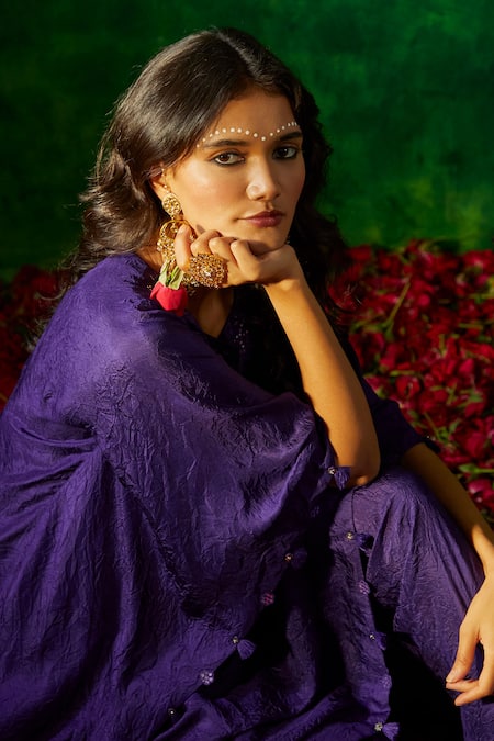 Pink City By Sarika Purple Silk Sequins, Tassels Keyhole Neck Embroidered Kaftan And Dhoti Pant Set at Aza Fashions Pink City By Sarika_Purple Silk Sequins, Tassels Keyhole Neck Embroidered Kaftan And Dhoti Pant Set _at_Aza_Fashions