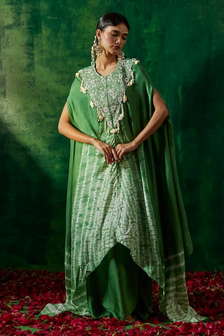Shop_Pink City By Sarika_Green Silk Mirrors Yoke Embroidered Cape And Draped Skirt Set _Online_at_Aza_Fashions