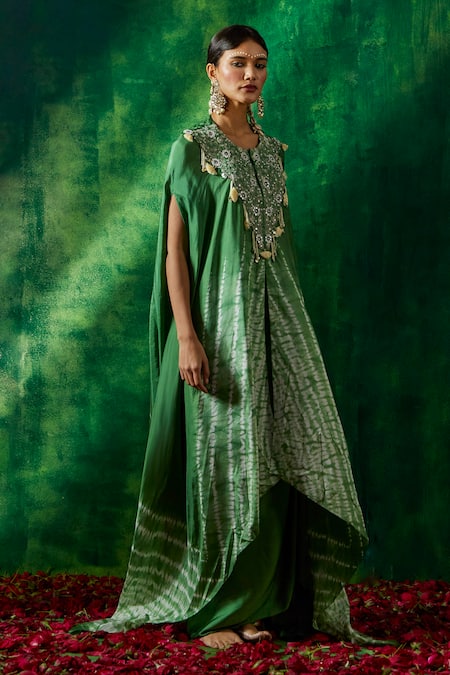 Pink City By Sarika_Green Silk Mirrors Yoke Embroidered Cape And Draped Skirt Set _at_Aza_Fashions