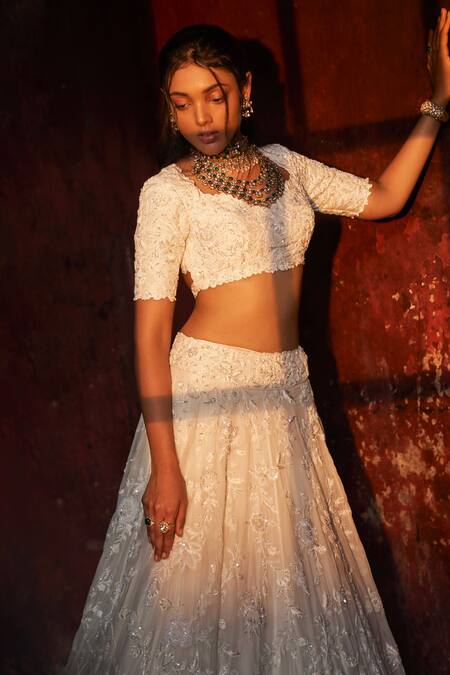 Shop Aakansha Gupta Ivory Organza, Silk Pearls, Sequins, Embroidery Collared Bridal Lehenga Set Online at Aza Fashions Shop_Aakansha Gupta_Ivory Organza, Silk Pearls, Sequins, Embroidery Collared Bridal Lehenga Set _Online_at_Aza_Fashions