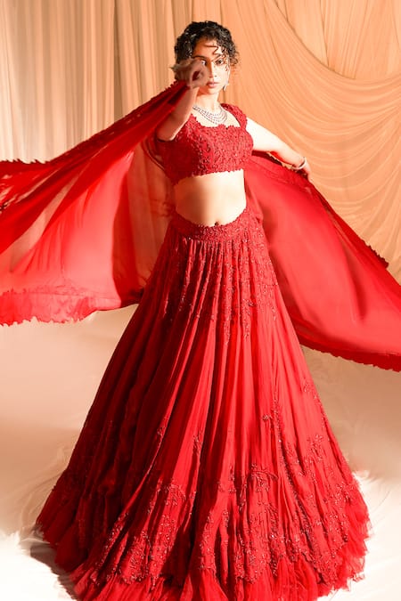 Charu and Vasundhara Hand Embroidered Lehenga Set | Maroon, Net, Surplice,  Sleeveless | Simple lehenga, Women's a line dresses, Lehenga