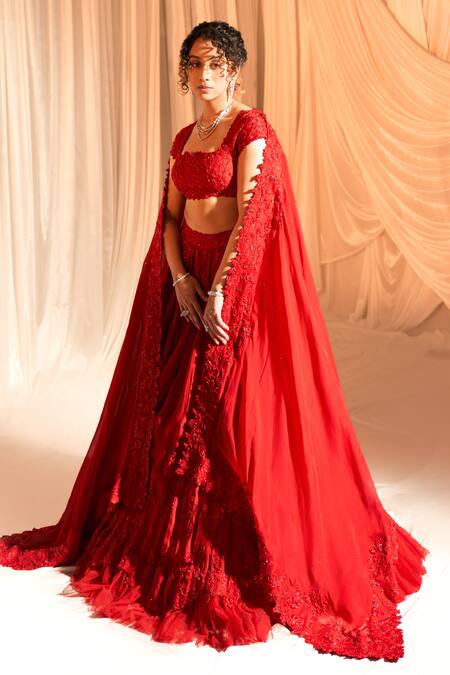 Buy Aakansha Gupta Red Silk, Organza Sequins, Pearls, Embroidery Square Neck Bridal Lehenga Set Online at Aza Fashions Buy_Aakansha Gupta_Red Silk, Organza Sequins, Pearls, Embroidery Square Neck Bridal Lehenga Set _Online_at_Aza_Fashions